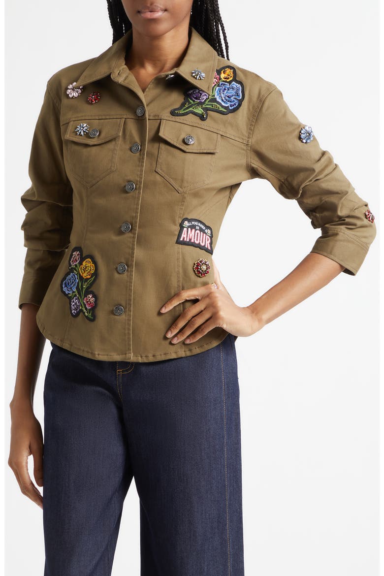 Love Garden Patches Cotton Stretch Twill Jacket, Alternate, color, DARK OLIVE MULTI