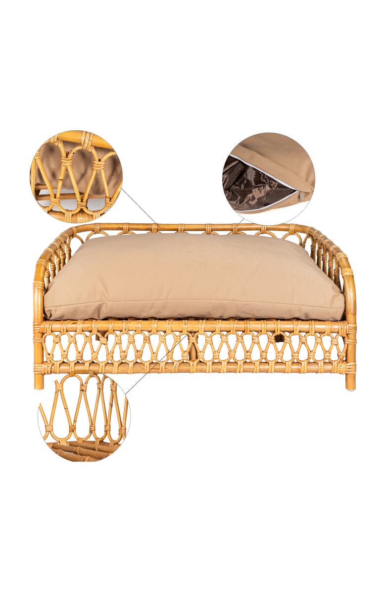 The Licker Store Elevated 27.5" x 17" Bohemian Handwoven Rattan Pet Daybed with Machine-Washable Cushion, Alternate, color, Natural