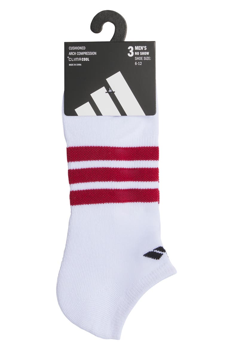 Cushioned 3-Stripe No-Show Socks, Alternate, color, WHITE/ ACTIVE MAROON/ BLUE