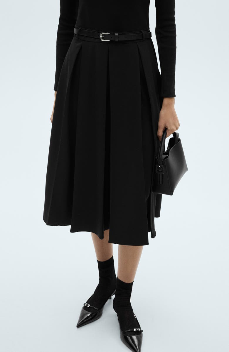 MANGO Diana Long Sleeve Belted Mixed Media Dress, Alternate, color, Black