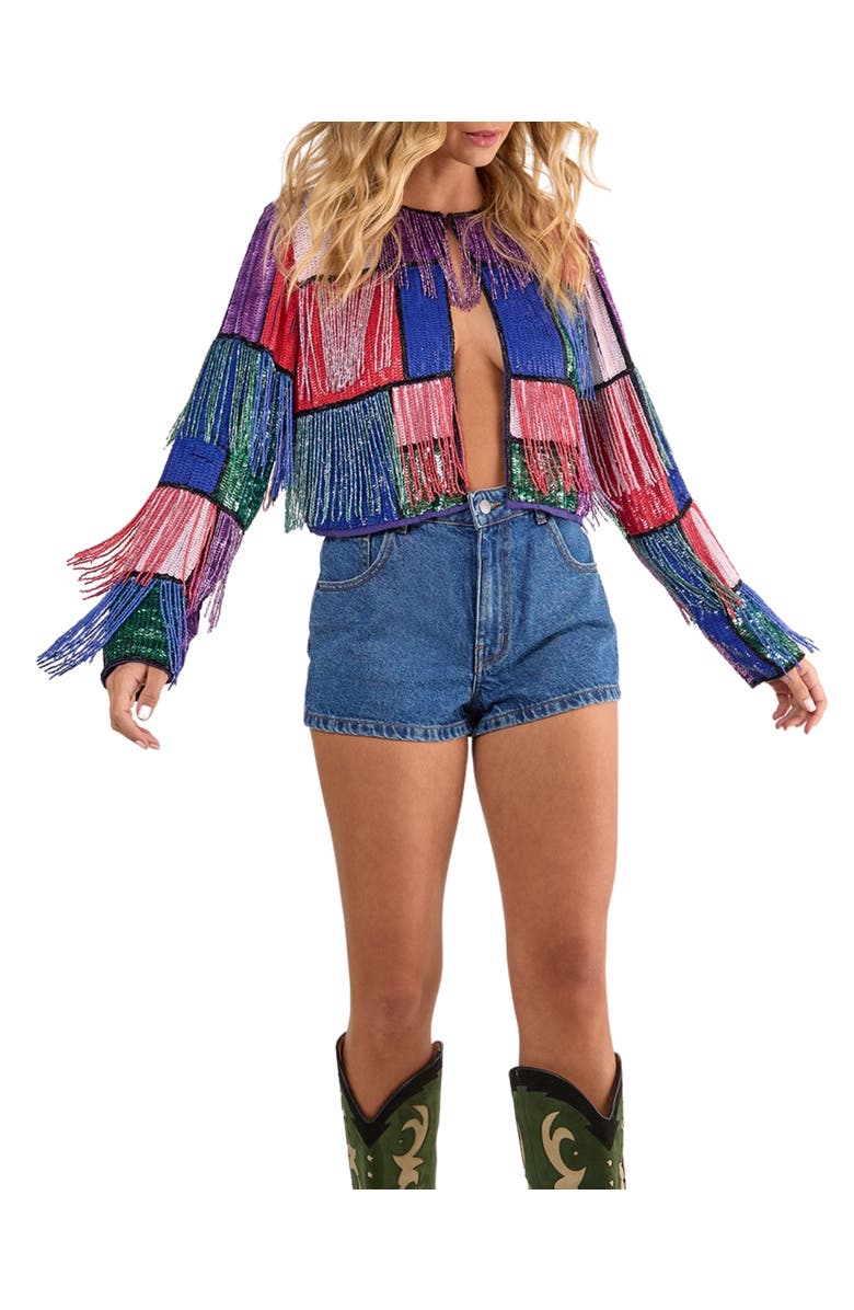 NASTY GAL Colour Block Check Tassel Sequin Jacket, Alternate, color, Multi