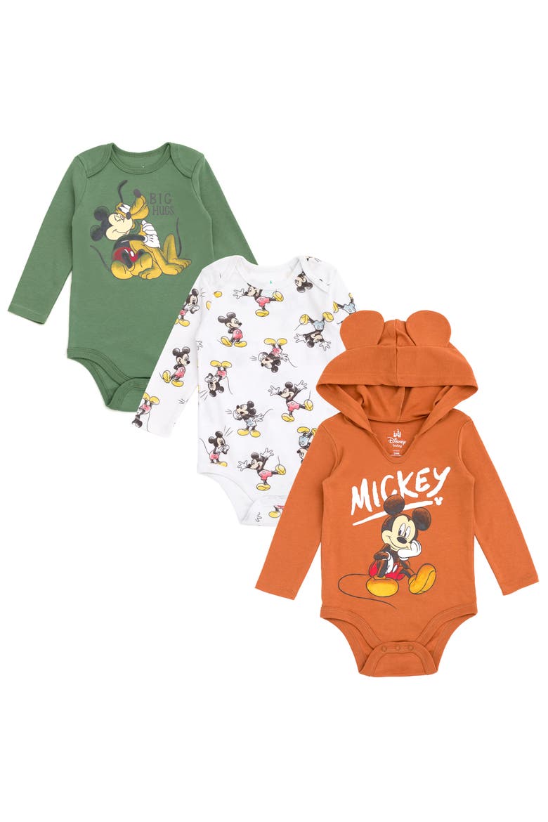 Mickey Mouse 3-Pack Long Sleeve Bodysuits, Main, color, Mickey Green Orange
