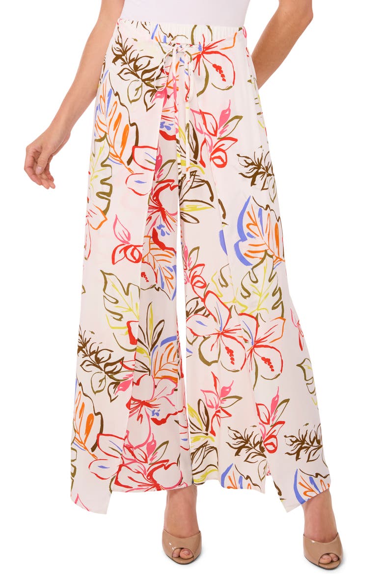 Floral Tie Front Overlay Wide Leg Pants, Main, color, NEW IVORY