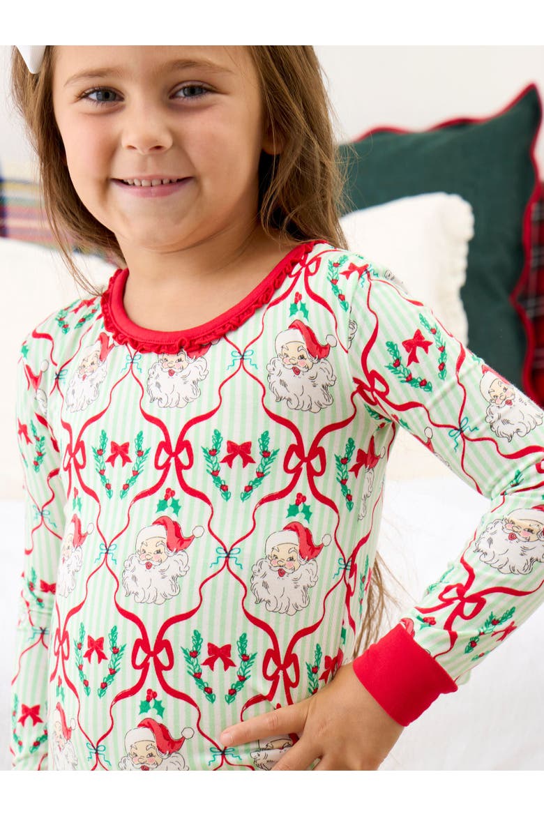 Ruffle Long Sleeve Pajama Set, Signature Rear Ruffles, Alternate, color, Green Stripe Dear Santa