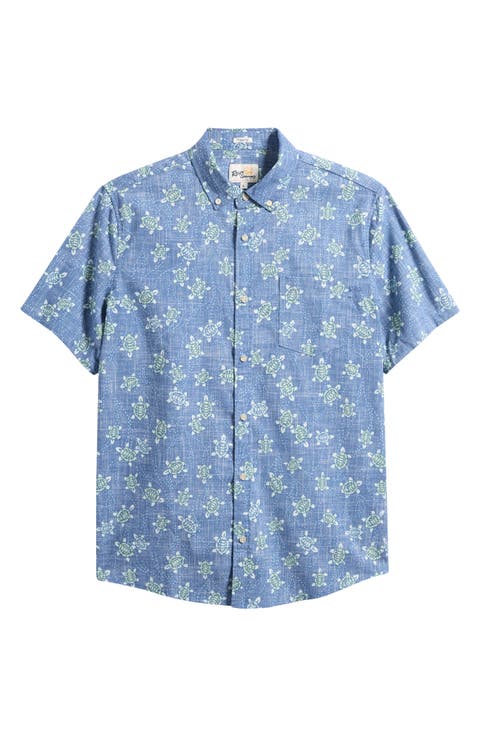Honu Holoholo Turtle Print Short Sleeve Cotton Blend Button-Down Shirt