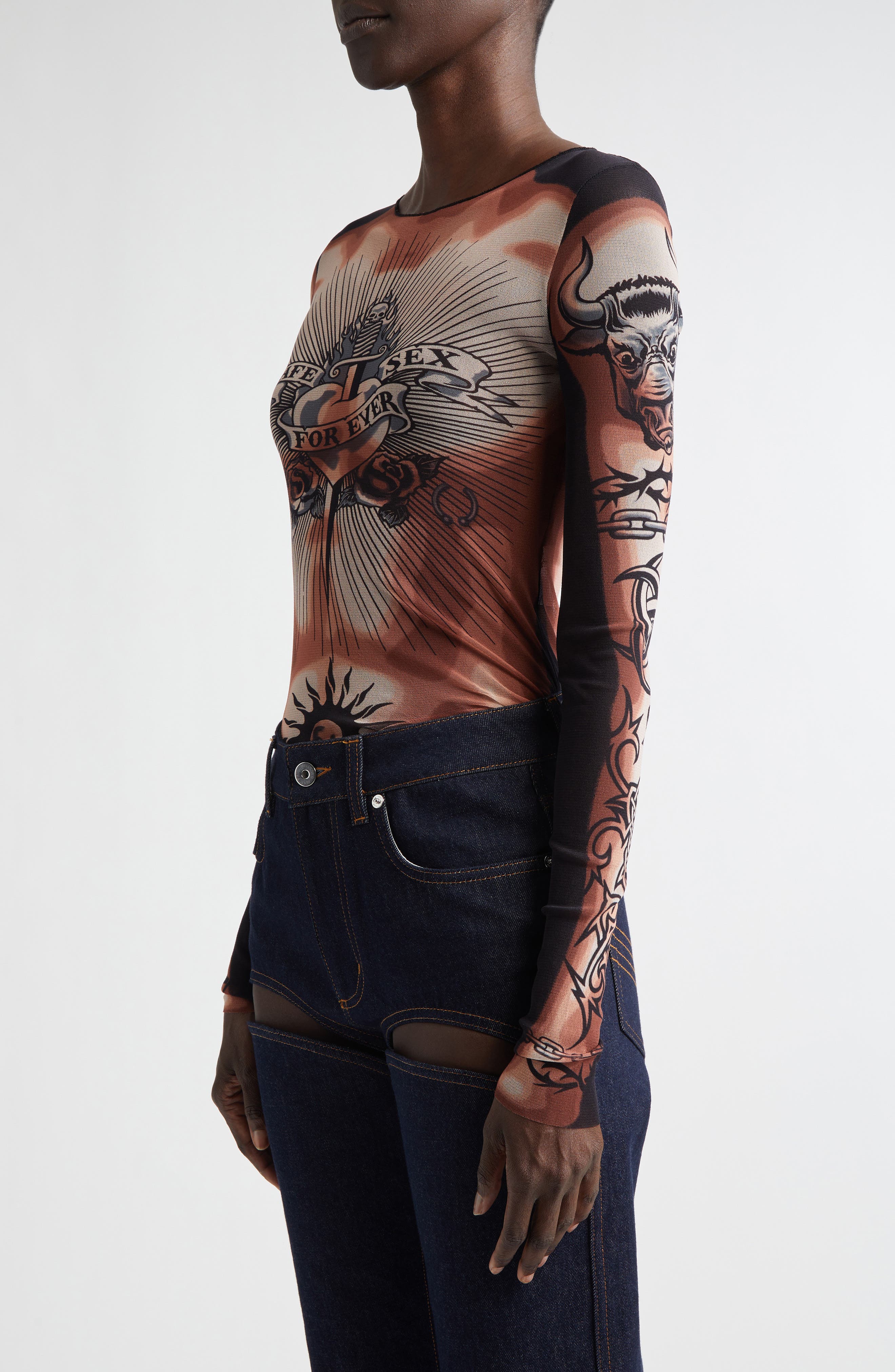 Re-Edition Tattoo Trompe l'Oeil Long Sleeve Mesh Top (Women