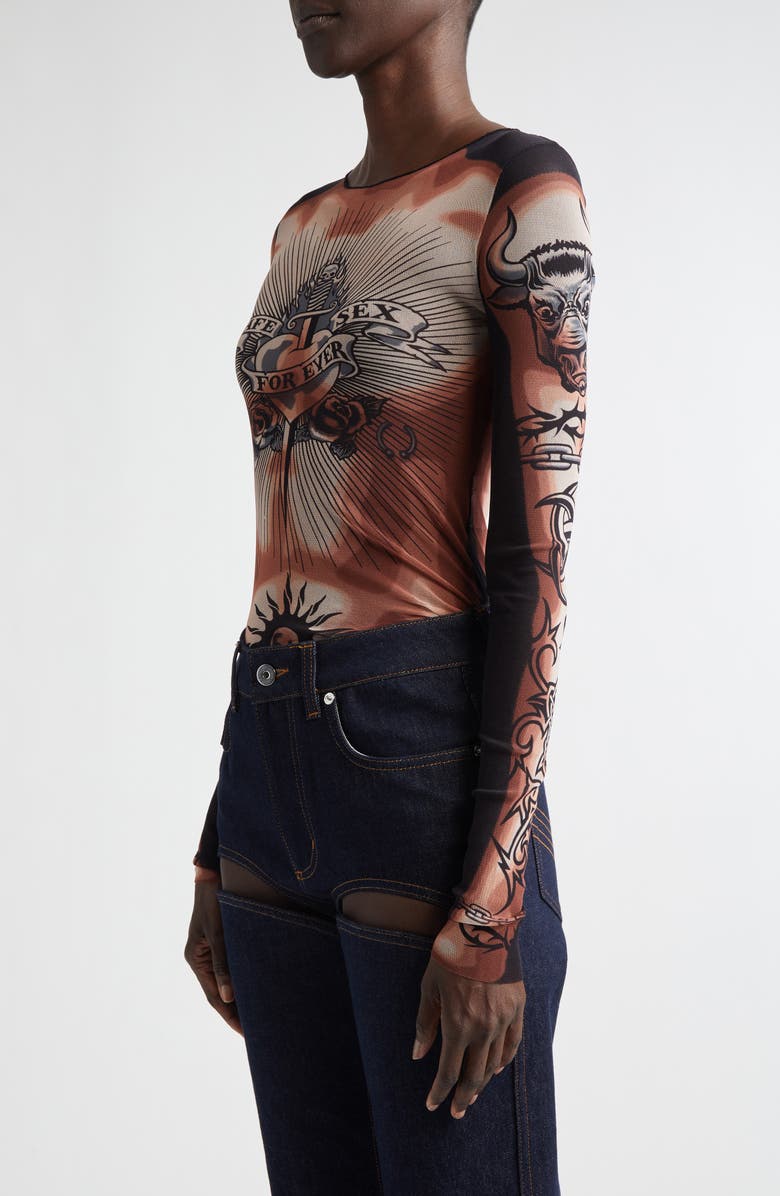 Jean Paul Gaultier Re-Edition Tattoo Trompe l'Oeil Long Sleeve Mesh Top, Alternate, color, Beige/ Brown/ Black