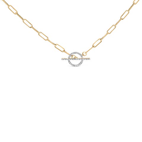 14KT Yellow Gold 1/4 Cttw Diamond Toggle Clasp Paperclip Link Necklace