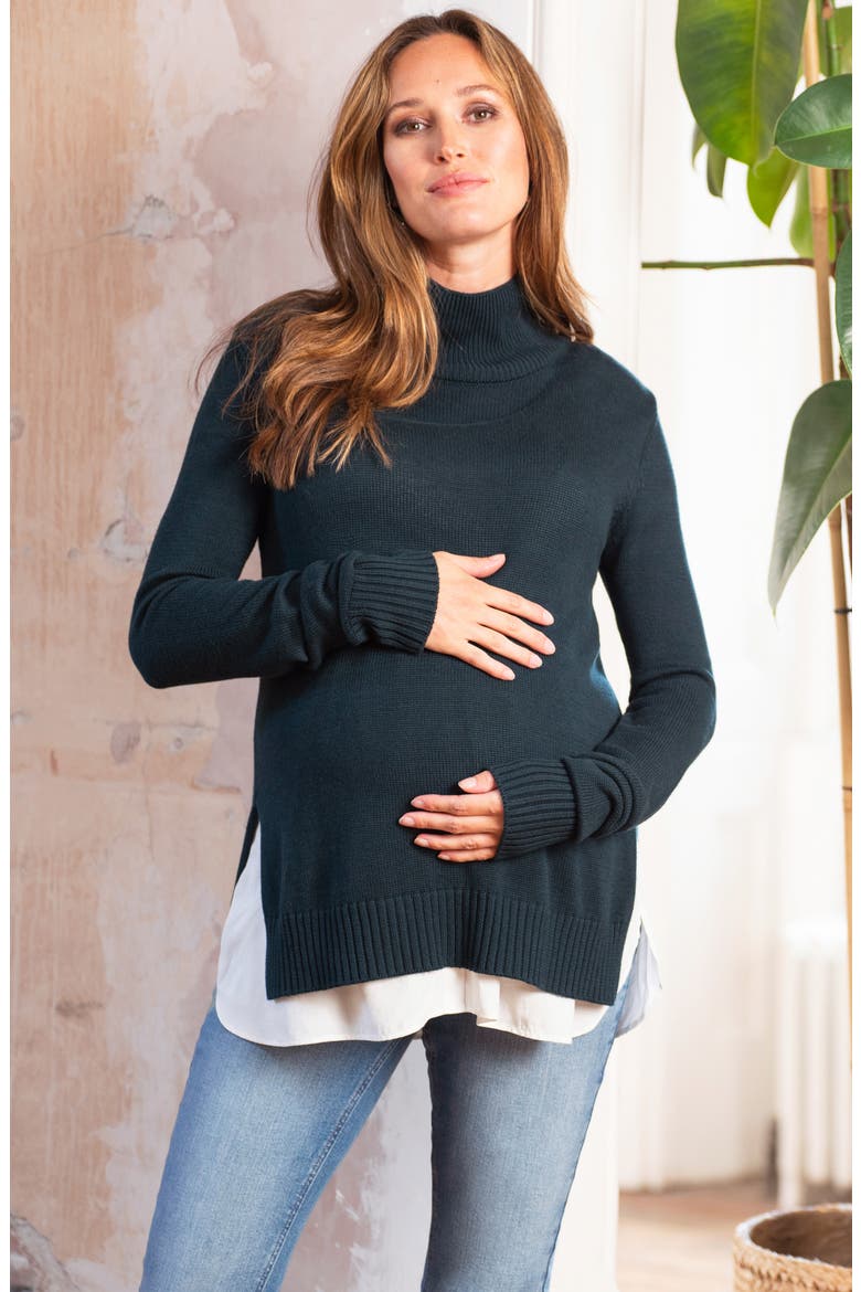 Layered Maternity/Nursing Turtleneck Sweater, Alternate, color, GREEN