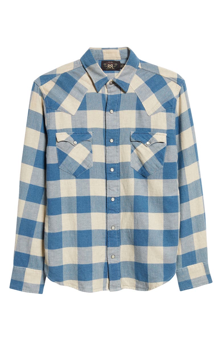 Double RL Slim Fit Buffalo Plaid Cotton & Linen Twill Western Snap-Up Shirt, Alternate, color,