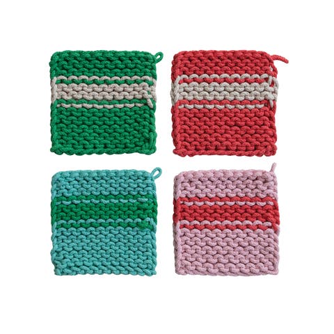 Crocheted Multicolor Striped Cotton Pot Holder, Set of 4