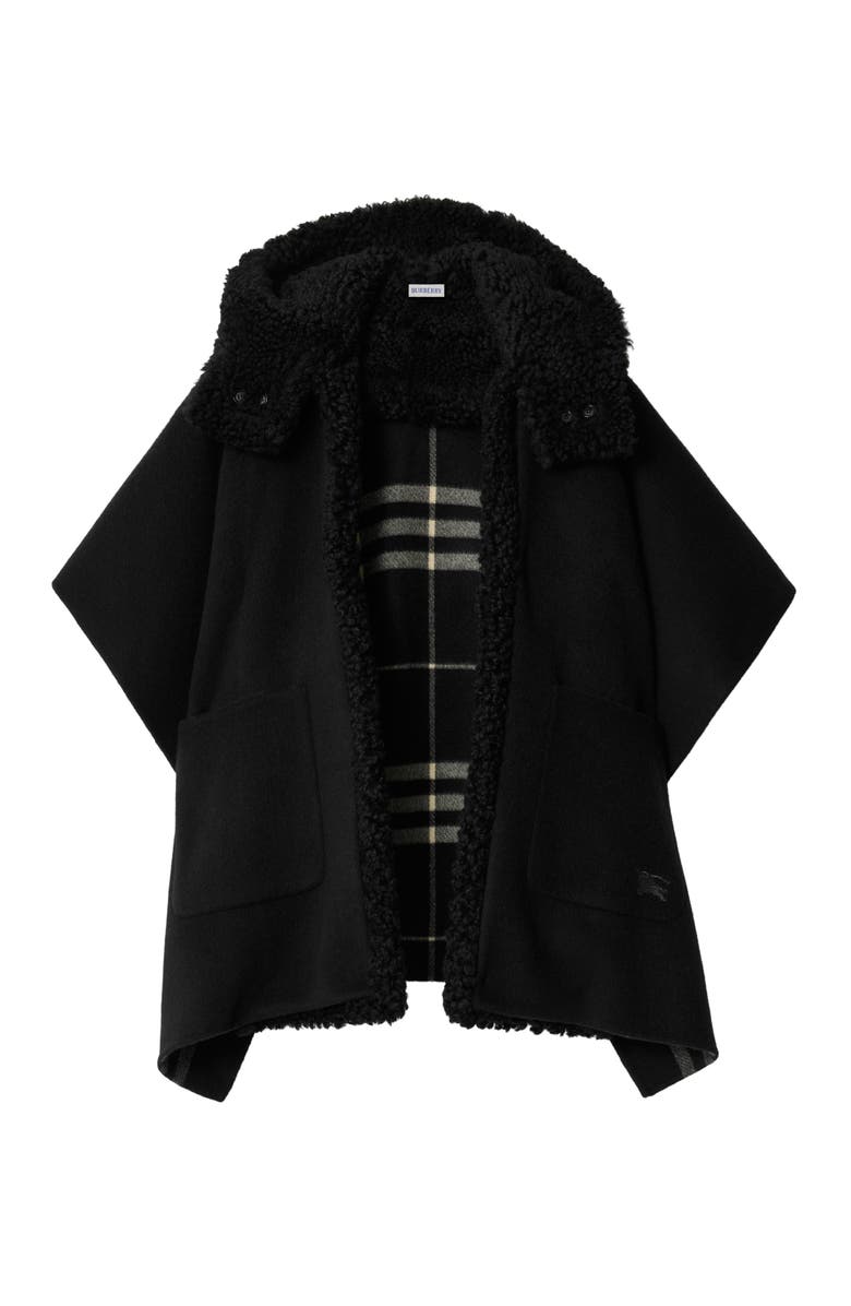 Burberry Reversible Shearling Trim Check Cashmere Cape, Main, color, Black/Calico Beige