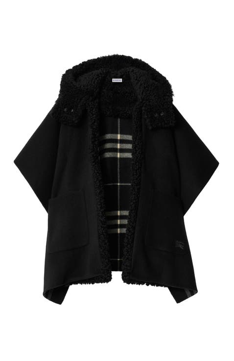Reversible Shearling Trim Check Cashmere Cape