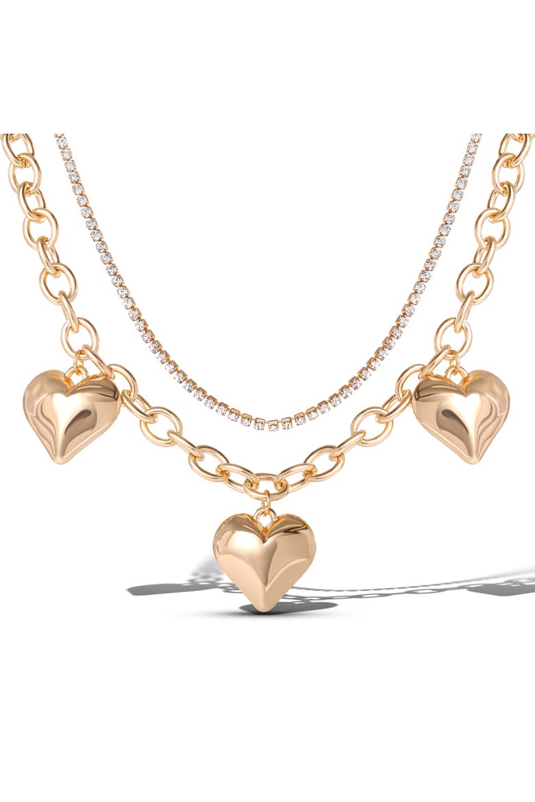 Triple Heart Statement Necklace, Main, color, Gold