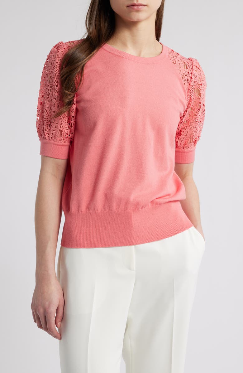 Elie Tahari The Felicity Eyelet Embroidery Sleeve Sweater, Main, color, Coral Rose