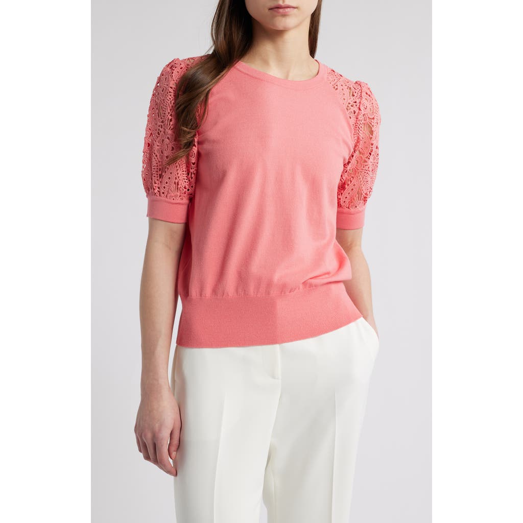Shop Elie Tahari The Felicity Eyelet Embroidery Sleeve Sweater In Coral Rose