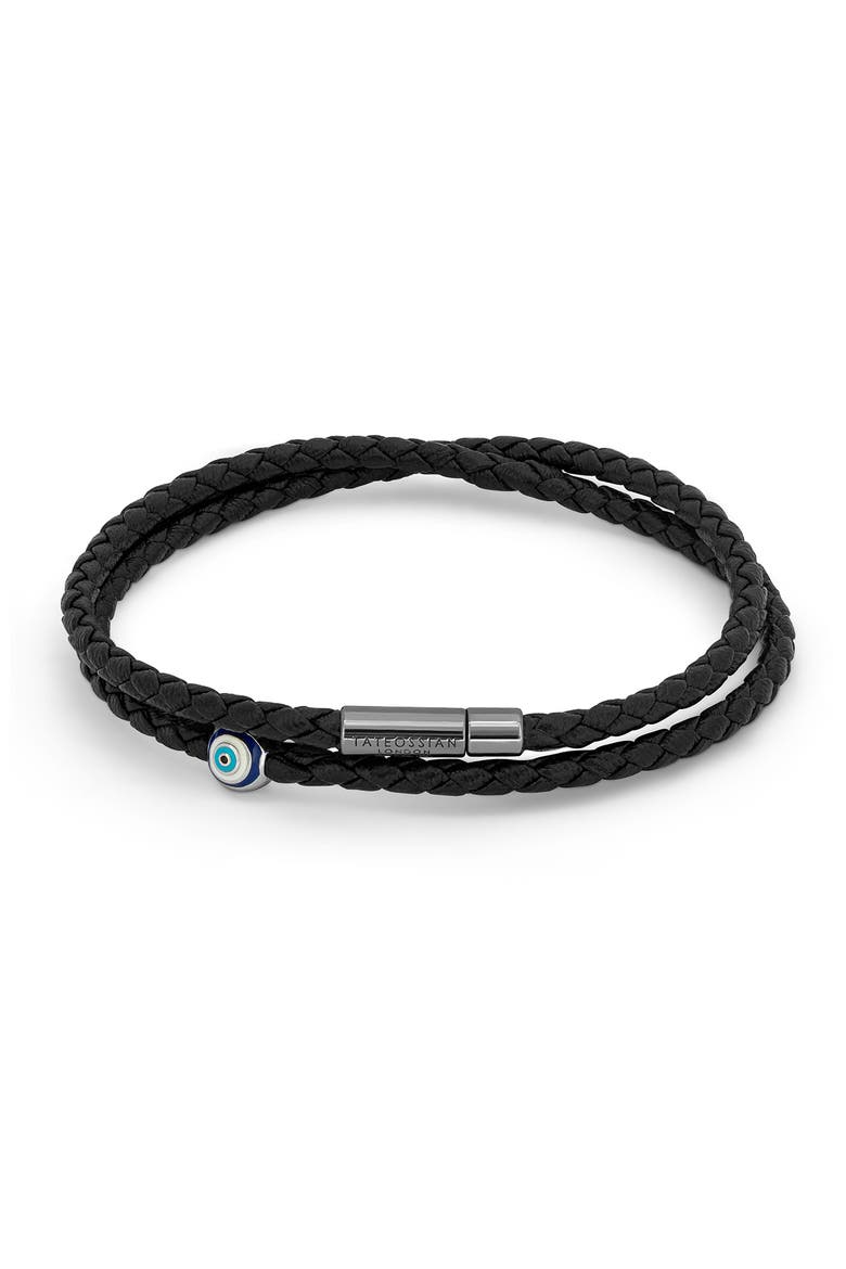 Men's Evil Eye Braided Faux Leather Wrap Bracelet, Main, color, BLACK