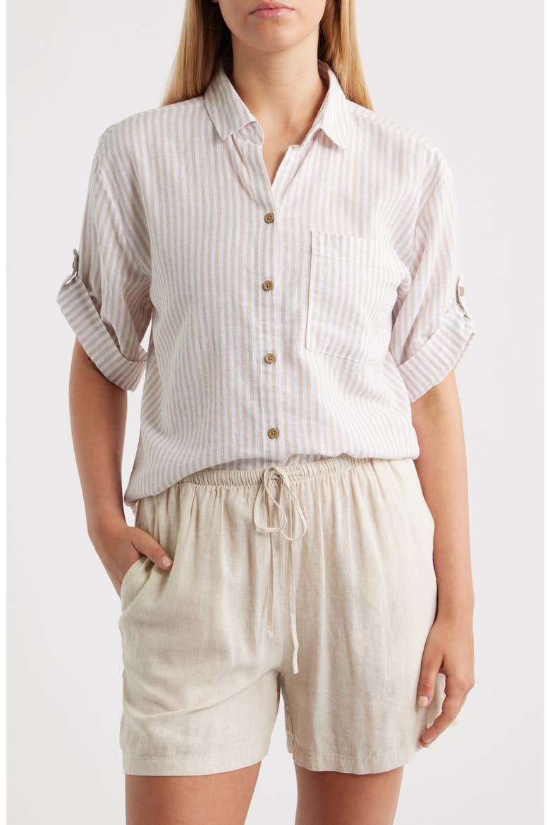 Mason Short Sleeve Stripe Button-Up Shirt, Main, color, KHAKI SAND