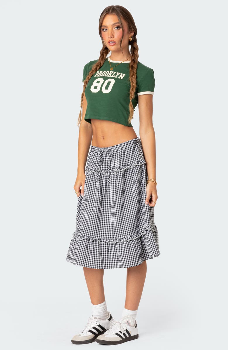 EDIKTED Gingham Tiered Ruffle Midi Skirt, Alternate, color, Black-And-White