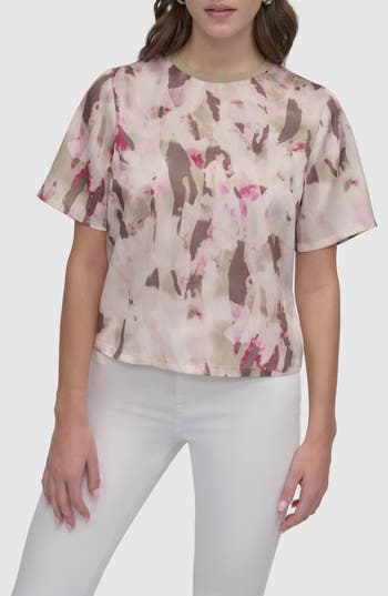 Dkny Print Scarf Twill Short Sleeve Top In Brown