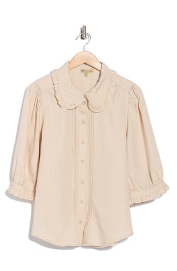 Democracy Three-quarter Sleeve Ruffle Button-up Shirt In Neutral