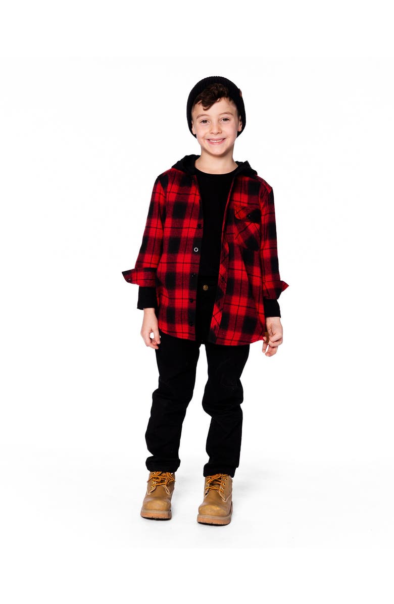 Deux par Deux Plaid Flannel Shirt with Hoodie, Main, color, Red And Black Plaid