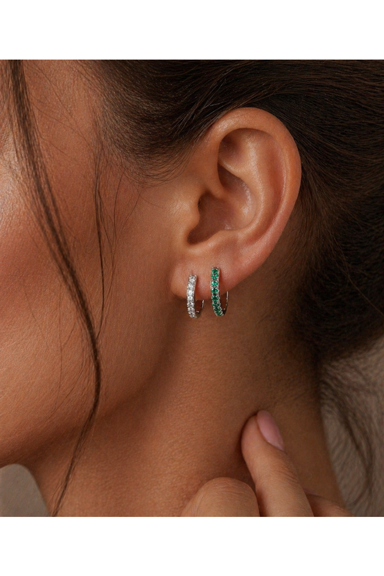 Green Emerald Bold Diamond Huggies, Alternate, color, White Gold