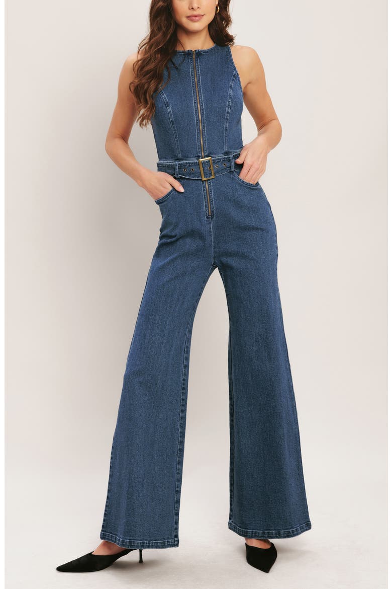 Belted Denim Jumpsuit, Alternate, color, MEDIUM INDIGO
