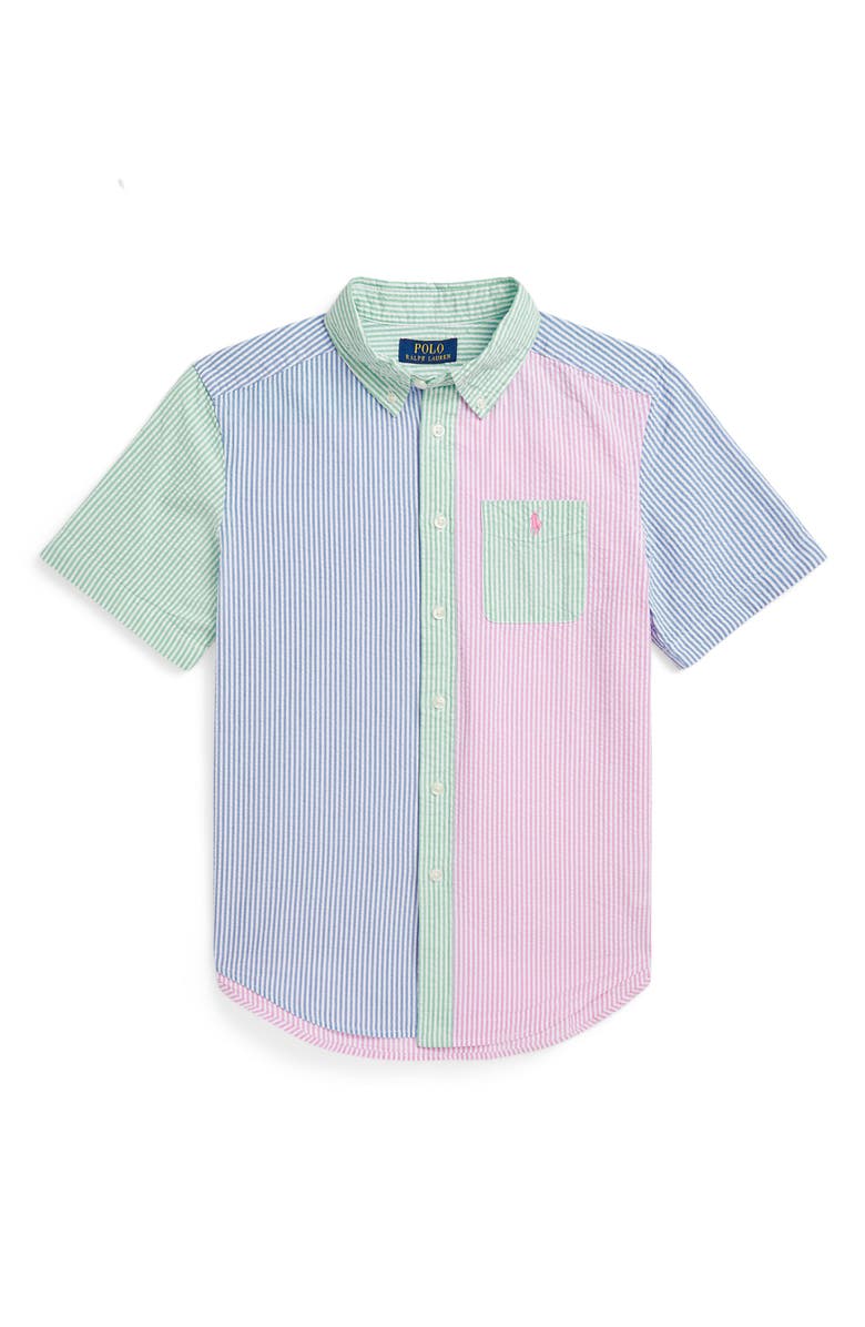 Polo Ralph Lauren Kids' Mismatched Stripe Short Sleeve Seersucker Button-Down Shirt, Main, color, 