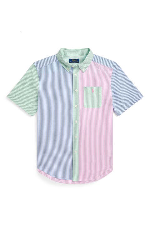 Kids' Mismatched Stripe Short Sleeve Seersucker Button-Down Shirt (Big Kid)