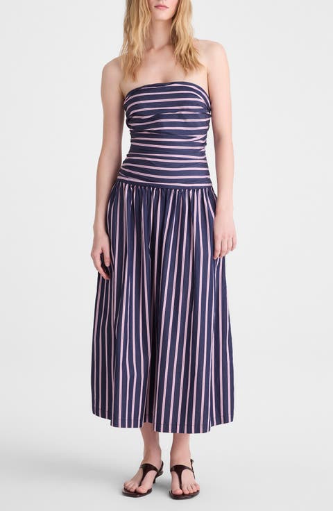 Stripe Strapless Ruched Midi Dress