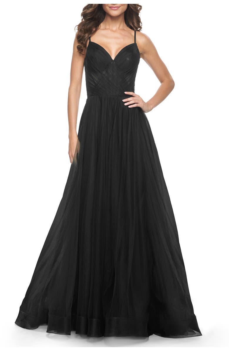La Femme Simple Tulle A-LIne Prom Dress with Ruched Illusion Bodice, Main, color, Black
