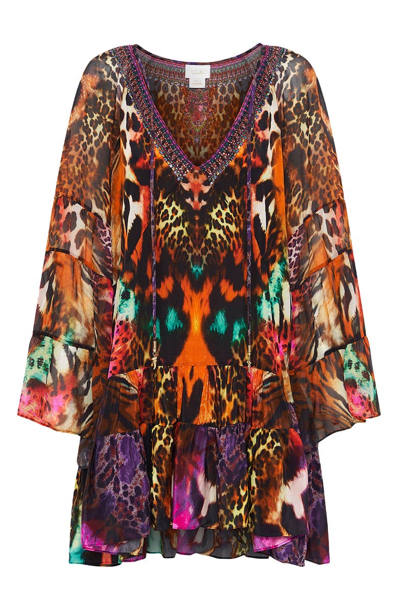 Camilla Surrealist Suspension Long Sleeve Gathered Silk Minidress, Alternate, color, 