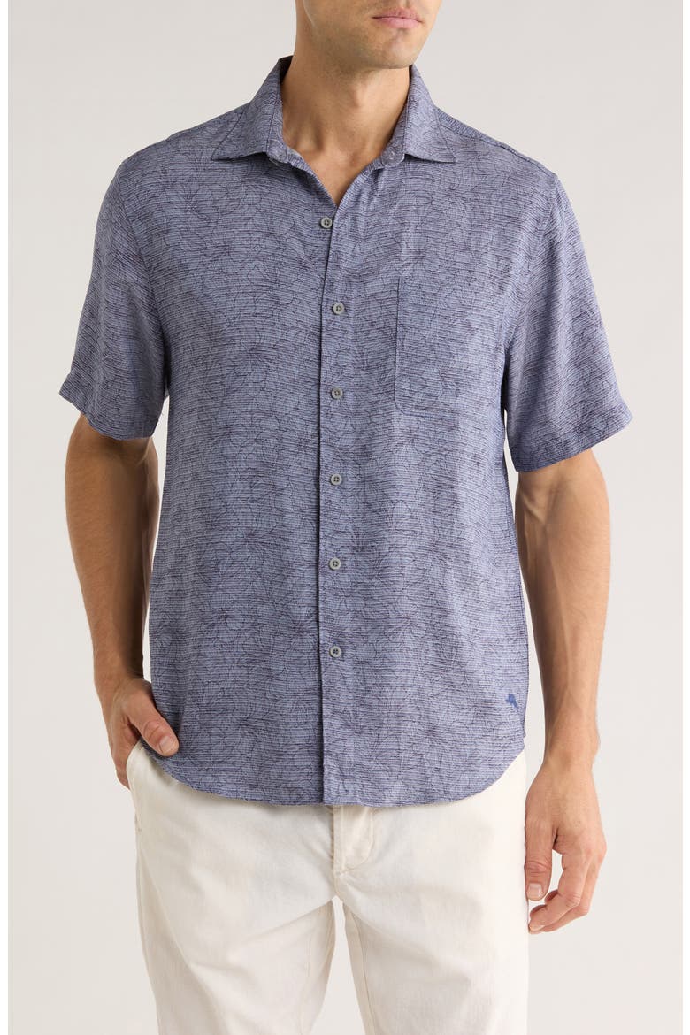 Etched Hibiscus Short Sleeve Button-Up Shirt, Main, color, ISLAND NAVY