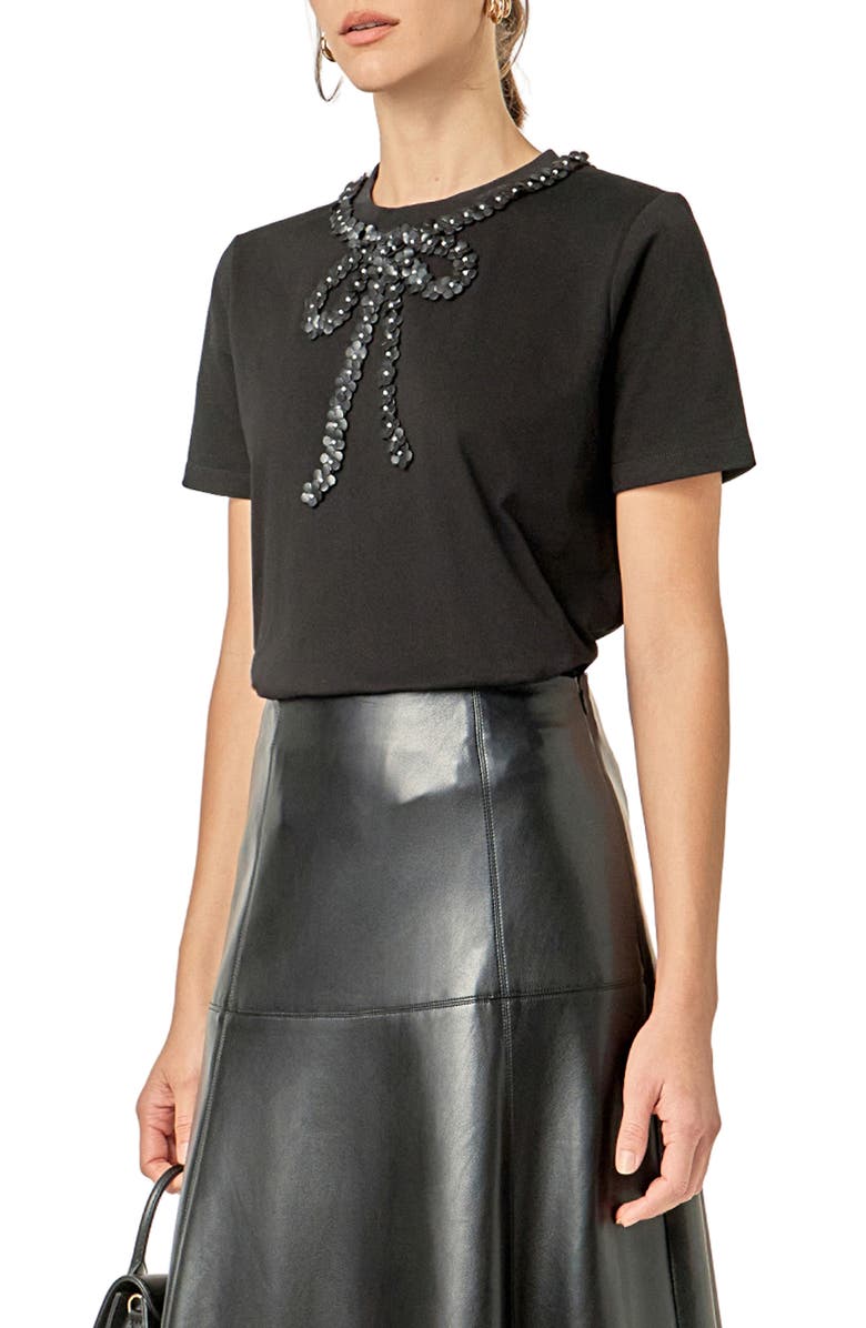 English Factory Embellished Floral Bow Top, Alternate, color, Black