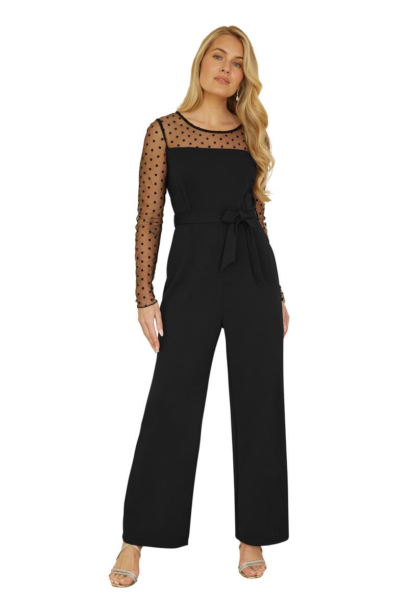Yumi Black Spot Mesh Stretch Jumpsuit, Main, color, Black