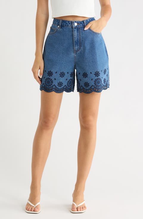 Eyelet Trim Denim Shorts (Dark Wash)