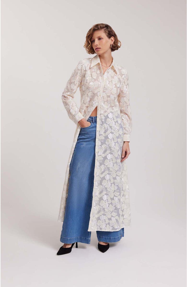 Anne Fontaine Women's Dress  Adelie White Full Length Sheer Shirt Dress With Embroidered Flowers, Alternate, color, Moon White