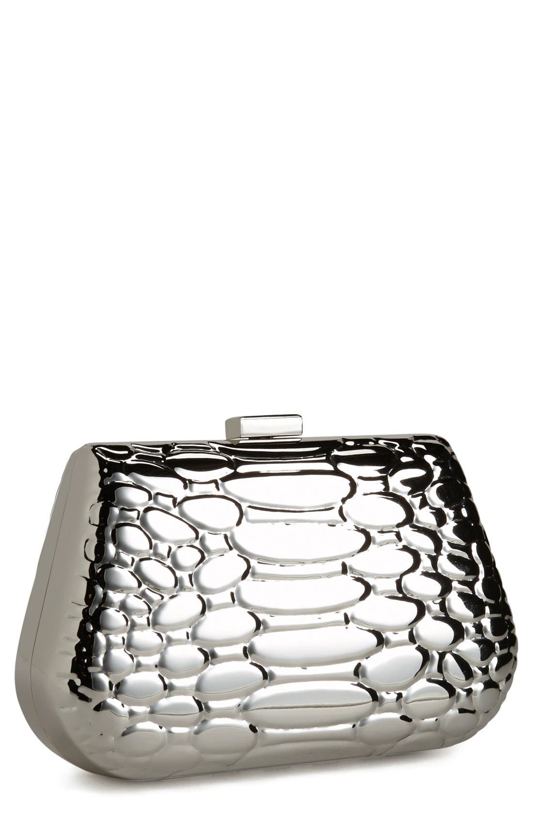 'Anaconda' Metal Clutch, Main, color, SILVER