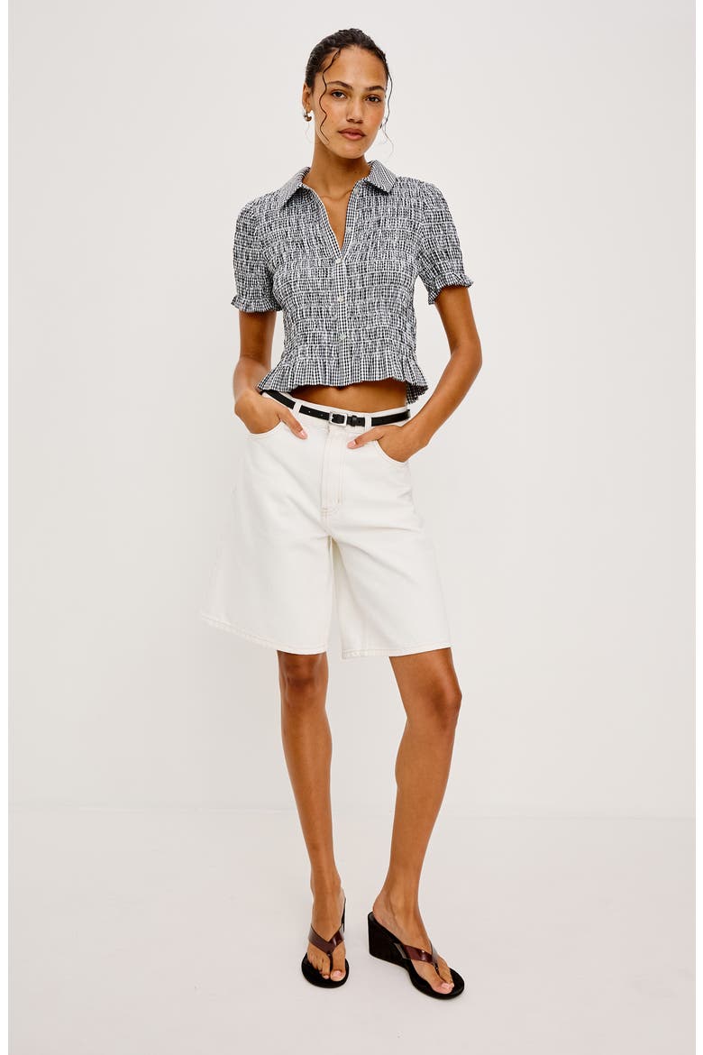 Alton Shirred Button-Up Crop Peplum Top, Alternate, color, BLACK GINGHAM