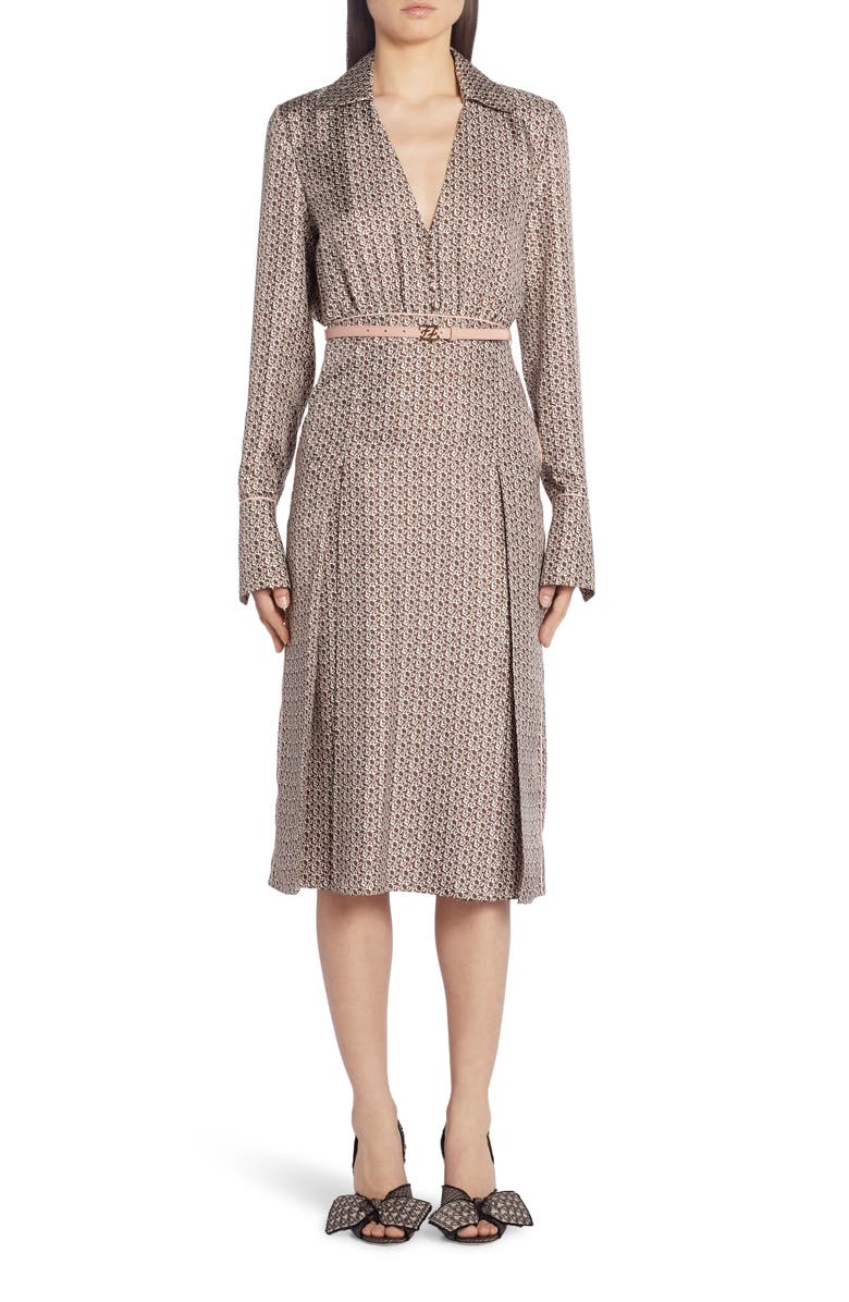 Fendi Floating Petal Long Sleeve Silk Twill Midi Dress, Main, color,