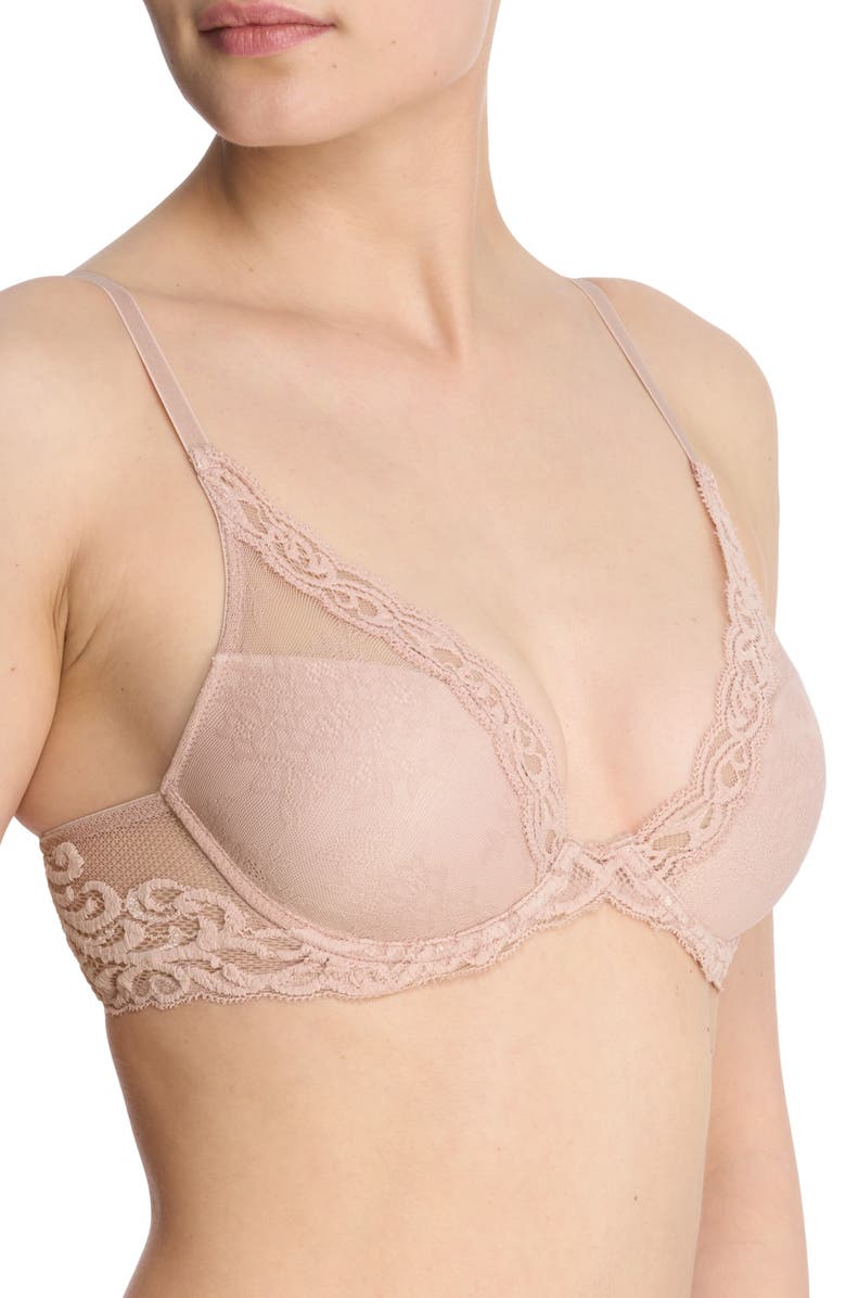 Natori Feathers Plunge T-Shirt Bra, Alternate, color, Rose Beige Lace/Pink Pearl