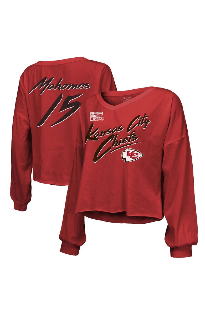 Majestic Threads Women's Majestic Threads Patrick Mahomes Red Kansas City Chiefs Super Bowl LIX Name & Number Off-Shoulder Script Long Sleeve V-Neck T-Shirt, Main, color, 