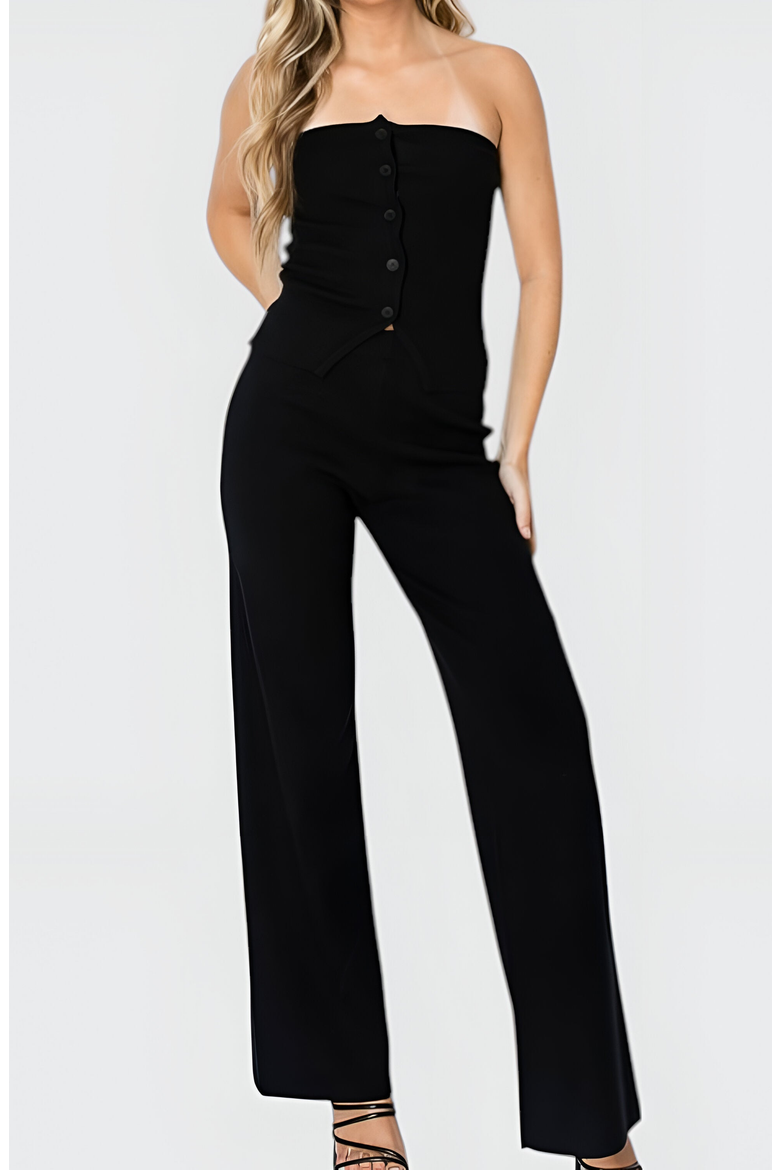 Strapless Button-Front Top and Wide-Leg Pants Set with Sleek Silhouette, Alternate, color, Black