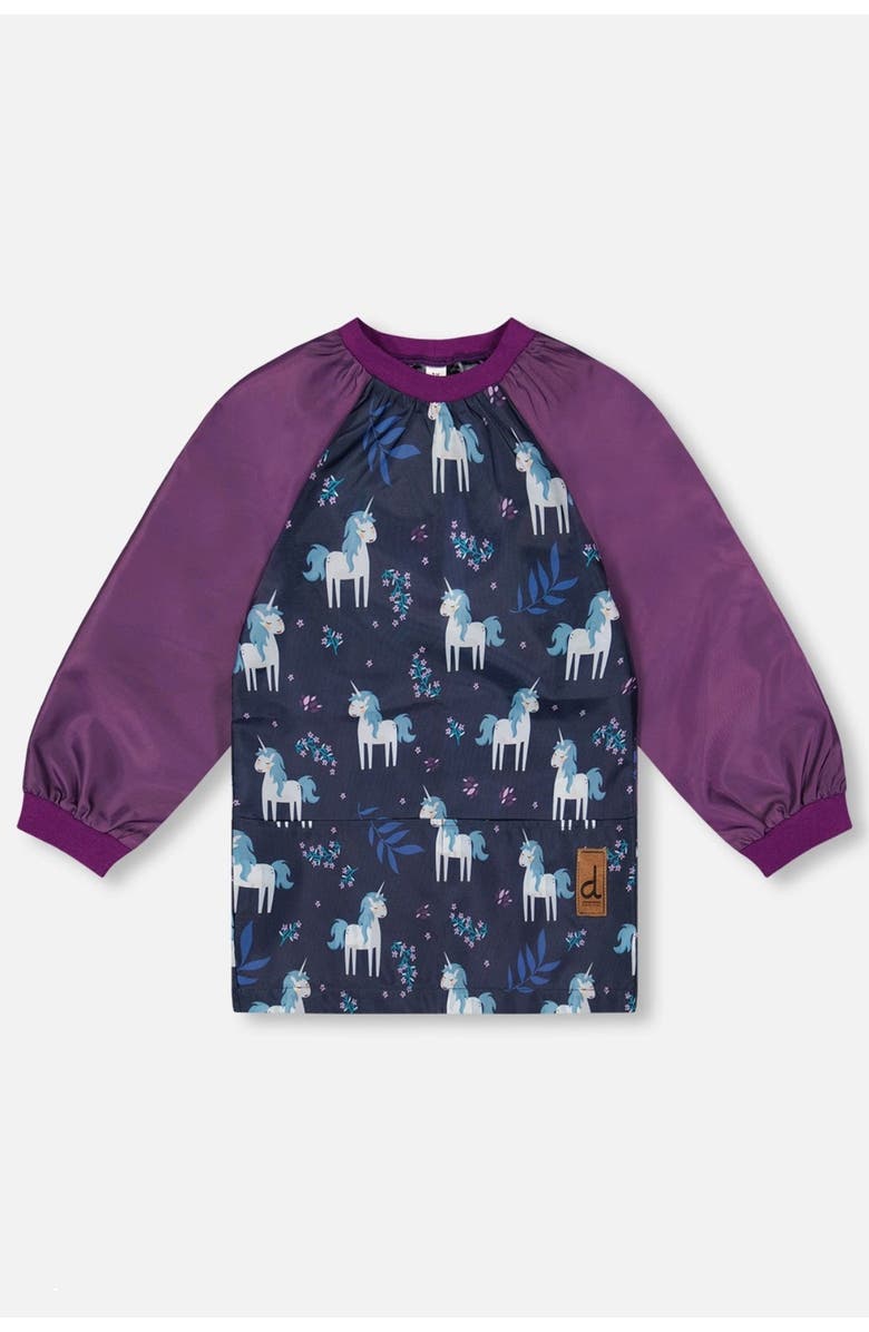 Deux par Deux Girl Unicorn Practical Durable Protective Apron, Main, color, Blue And Purple Unicorn Print