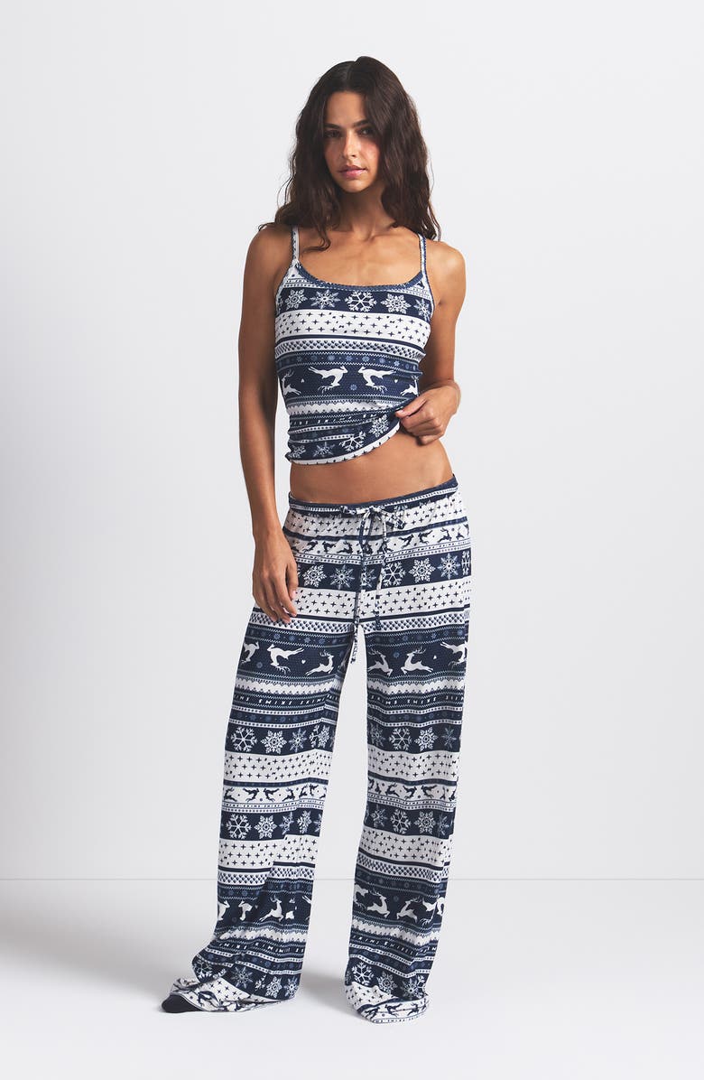 SKIMS Fair Isle Plush Pointelle Camisole, Alternate, color, Navy Deer Fairisle