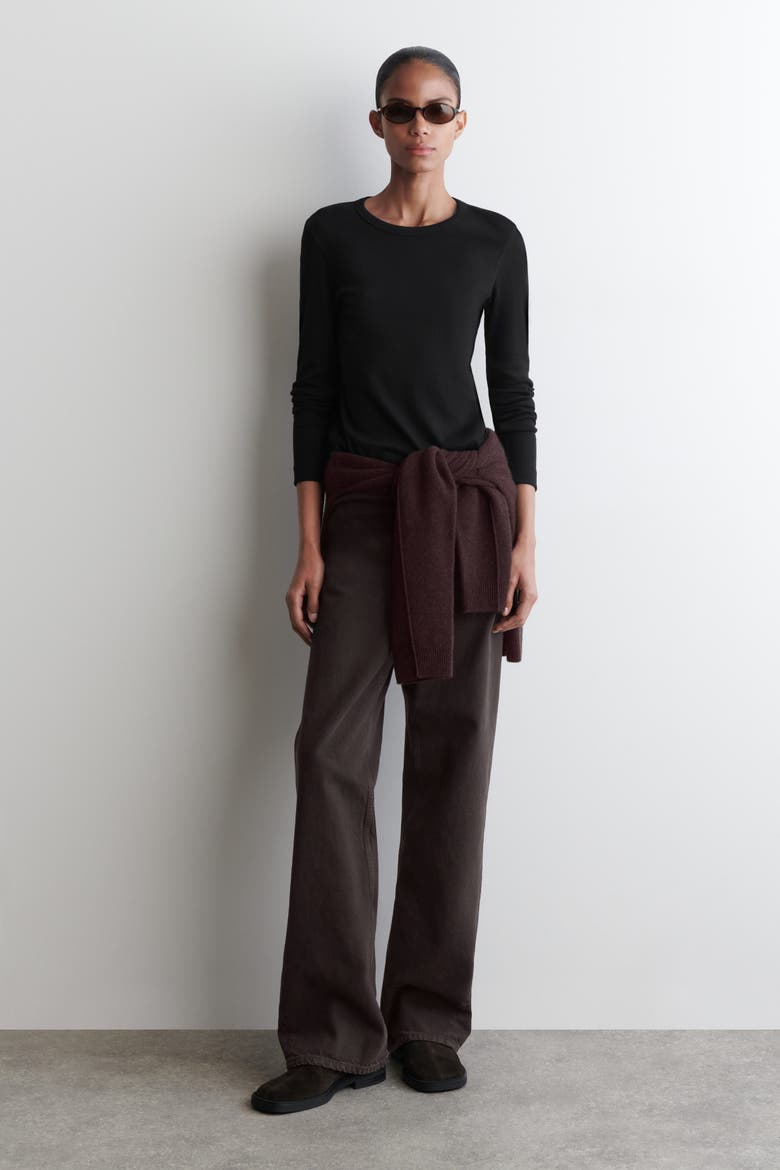 Ribbed Jersey Long-Sleeved Top, Alternate, color, BLACK