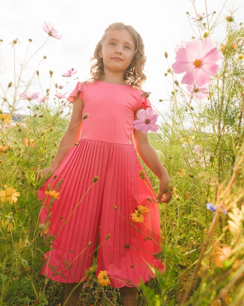 Deux Par Deux Girl's Bi-material Pleated Wide Leg Jumpsuit Candy Pink In Candy Pink