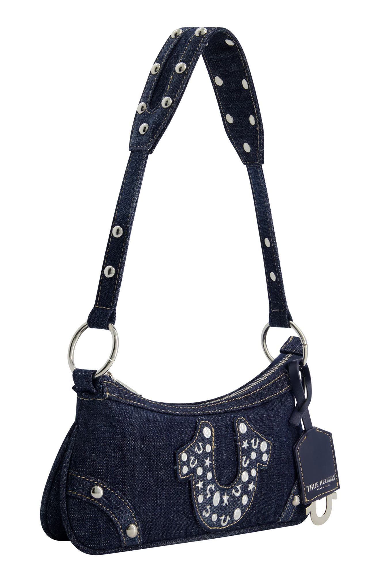 Studded Horseshoe Denim shoulder bag, Alternate, color, DENIM