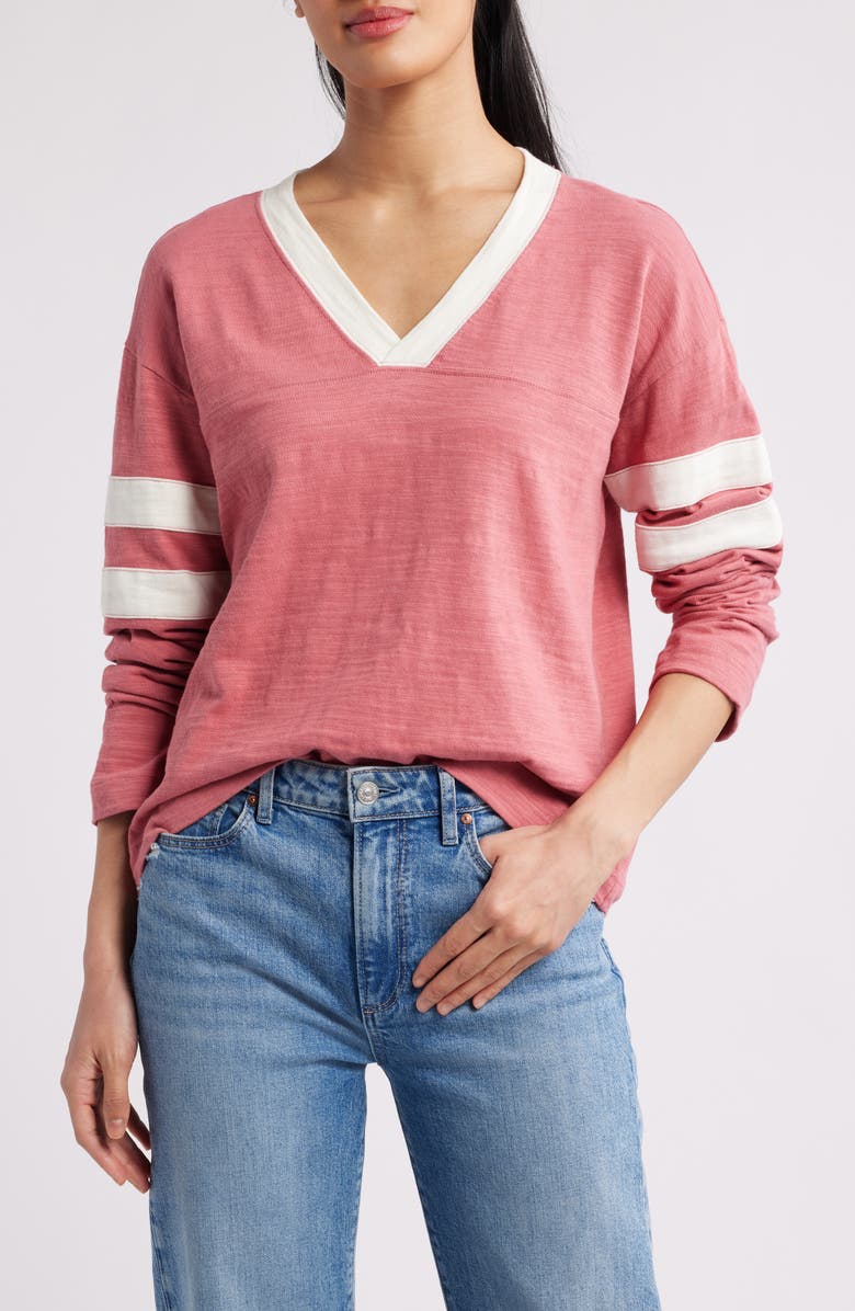 Faherty Sunwashed Slub V-Neck Long Sleeve Organic Cotton Top, Main, color, Baroque Rose